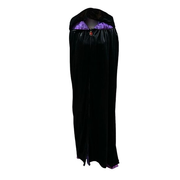 Ladies Long‎ Black Velvet Hooded Robe with Purple Satin Lining One Size - Picture 2 of 11